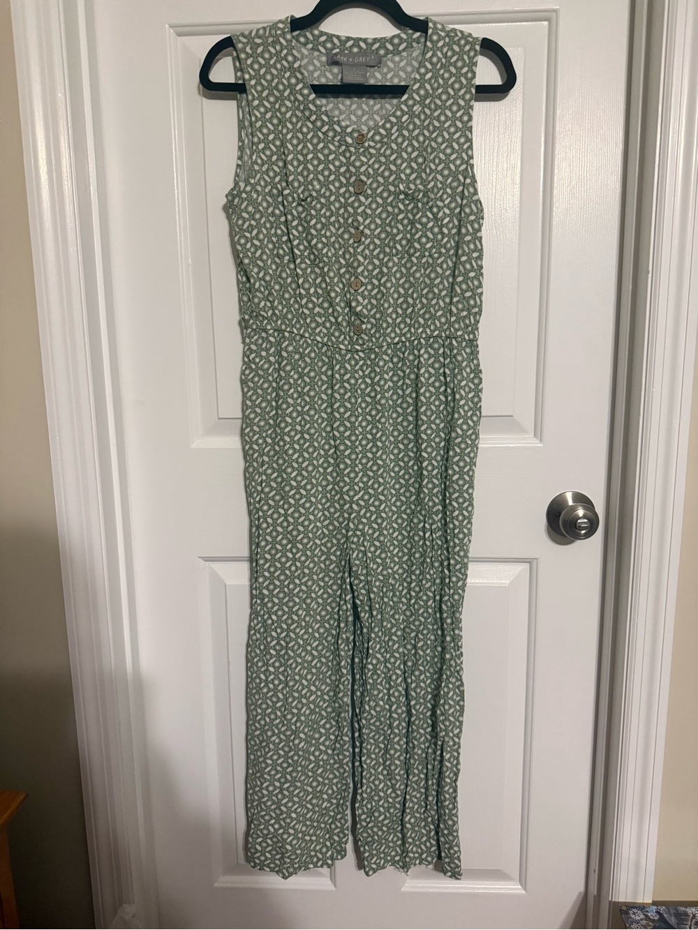 Lark & Grey Green White Floral Geometric Button Up Wide Leg Jumpsuit Size Large